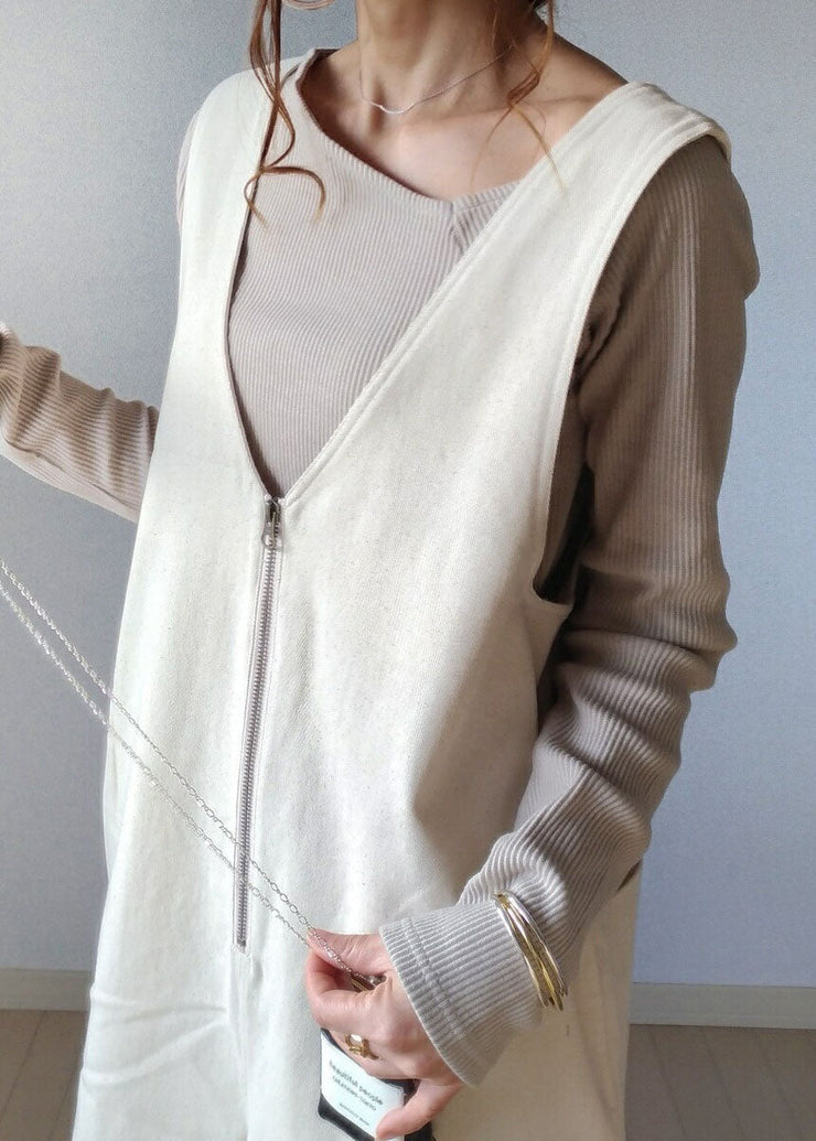 Natural White V Neck Zippered Patchwork Cotton Wide Leg Jumpsuits Sleeveless