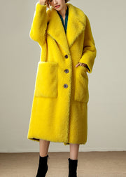 Natural Yellow Notched Pockets Faux Fur Long Coats Winter