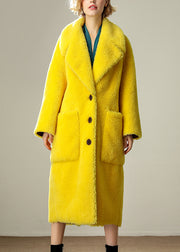 Natural Yellow Notched Pockets Faux Fur Long Coats Winter