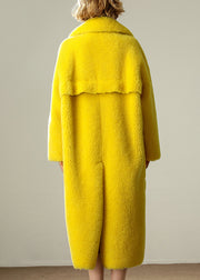 Natural Yellow Notched Pockets Faux Fur Long Coats Winter
