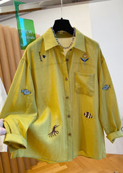 Natural Yellow Peter Pan Collar Embroidered Cotton Shirt Tops Fall
