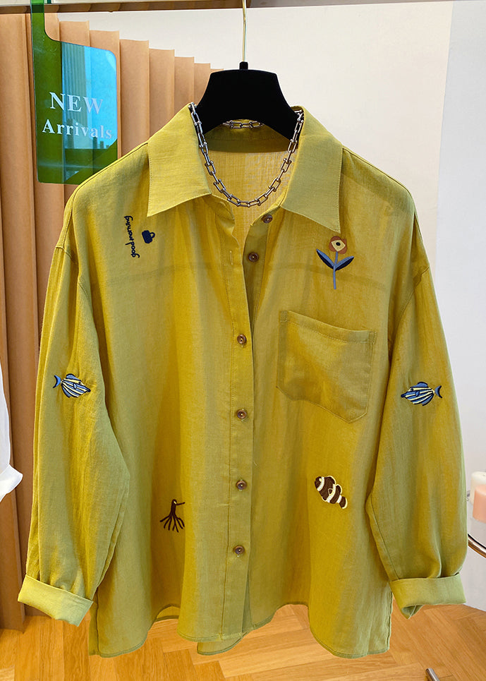 Natural Yellow Peter Pan Collar Embroidered Cotton Shirt Tops Fall