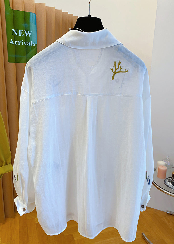 Natural Yellow Peter Pan Collar Embroidered Cotton Shirt Tops Fall