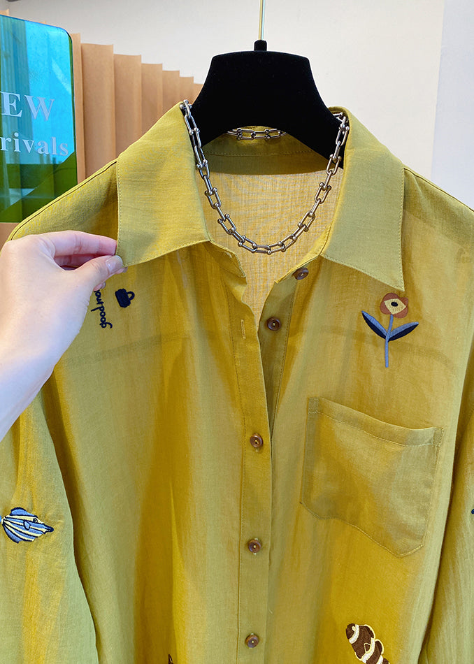 Natural Yellow Peter Pan Collar Embroidered Cotton Shirt Tops Fall
