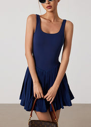 Navy Backless Solid Yoga Tennis Pleated Dress