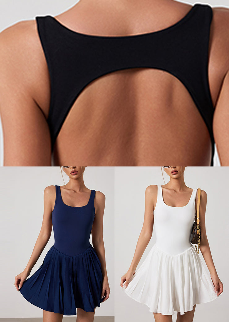Navy Backless Solid Yoga Tennis Pleated Dress