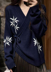 Navy Bamboo Print Lace Up Knit Sweaters V Neck Fall