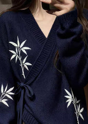 Navy Bamboo Print Lace Up Knit Sweaters V Neck Fall