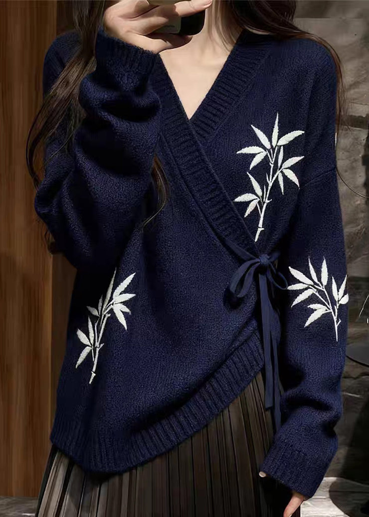 Navy Bamboo Print Lace Up Knit Sweaters V Neck Fall
