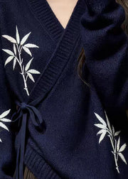 Navy Bamboo Print Lace Up Knit Sweaters V Neck Fall
