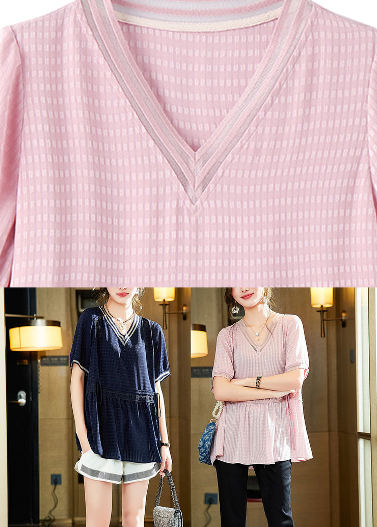 Navy Blue Patchwork Wrinkled Tie Waist Tops Summer
