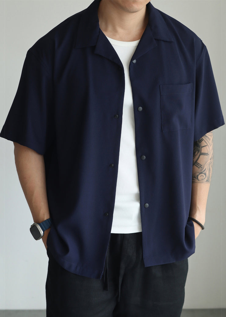 Navy Button Oversized Cotton Men Shirts Peter Pan Collar