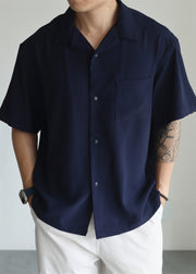 Navy Button Oversized Cotton Men Shirts Peter Pan Collar
