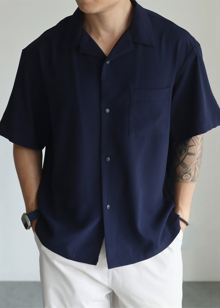 Navy Button Oversized Cotton Men Shirts Peter Pan Collar