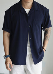 Navy Button Oversized Cotton Men Shirts Peter Pan Collar
