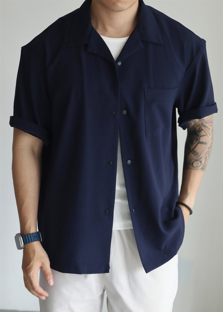 Navy Button Oversized Cotton Men Shirts Peter Pan Collar