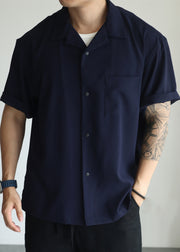 Navy Button Oversized Cotton Men Shirts Peter Pan Collar