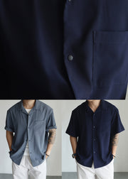 Navy Button Oversized Cotton Men Shirts Peter Pan Collar