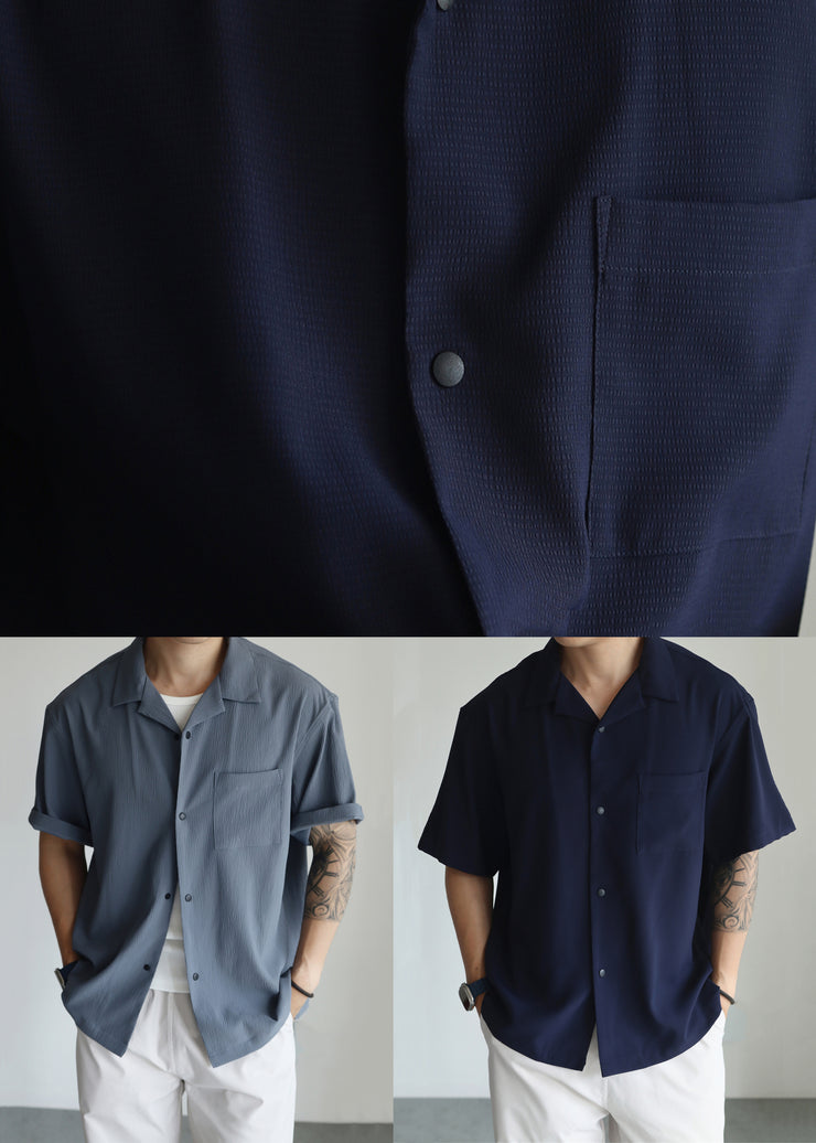 Navy Button Oversized Cotton Men Shirts Peter Pan Collar