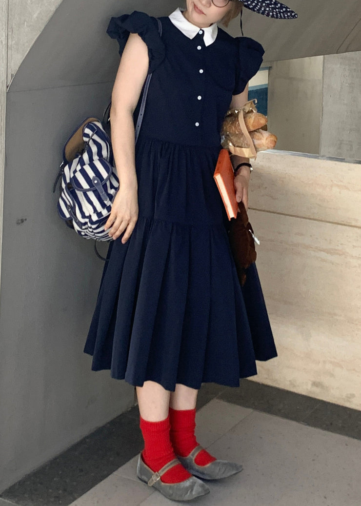 Navy Button Pockets Cotton Dress Peter Pan Collar Puff Sleeve