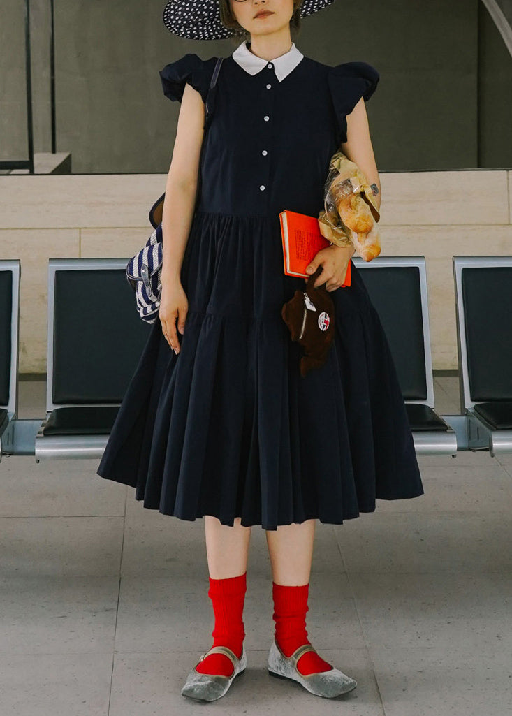 Navy Button Pockets Cotton Dress Peter Pan Collar Puff Sleeve
