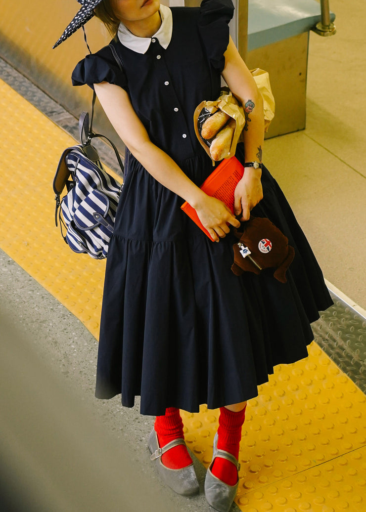 Navy Button Pockets Cotton Dress Peter Pan Collar Puff Sleeve