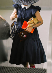 Navy Button Pockets Cotton Dress Peter Pan Collar Puff Sleeve