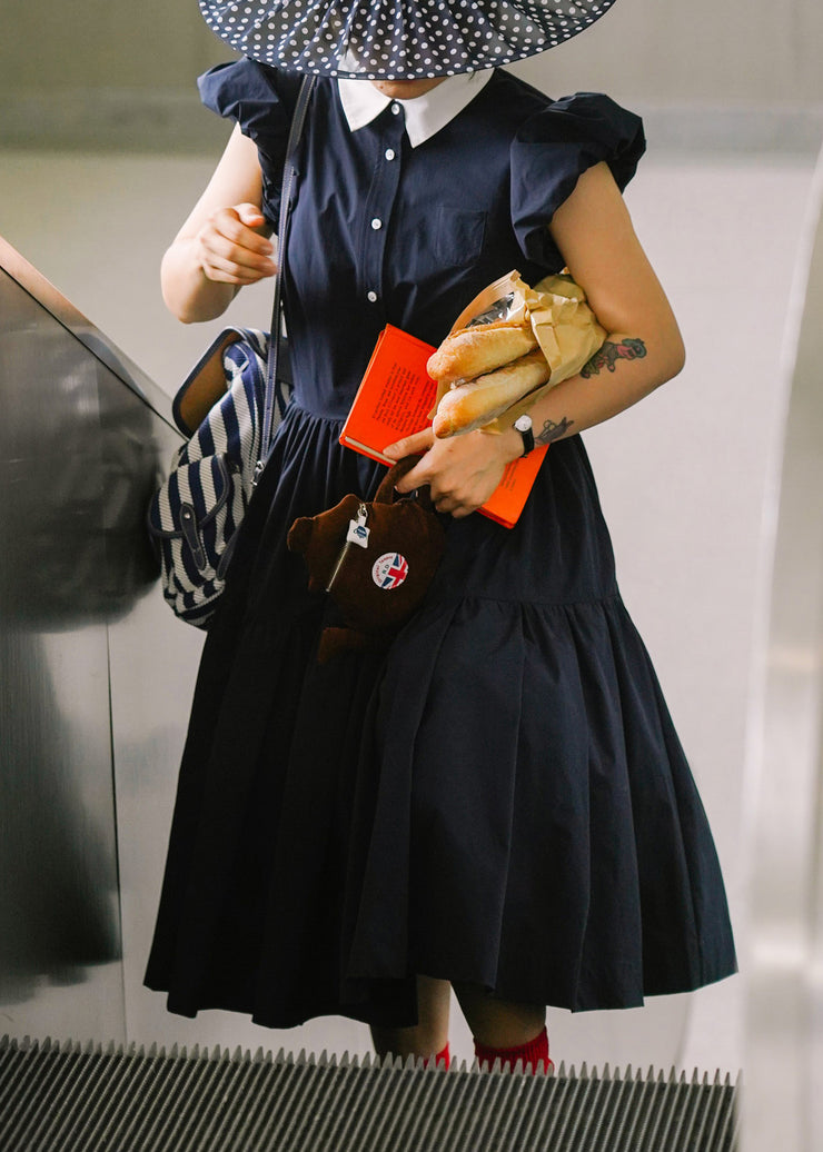 Navy Button Pockets Cotton Dress Peter Pan Collar Puff Sleeve