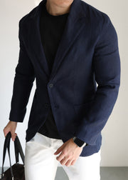 Navy Button Pockets Linen Coats Men Apparel Peter Pan Collar