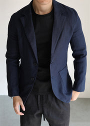 Navy Button Pockets Linen Coats Men Apparel Peter Pan Collar