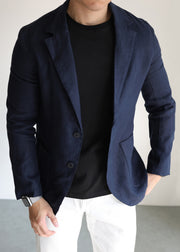 Navy Button Pockets Linen Coats Men Apparel Peter Pan Collar