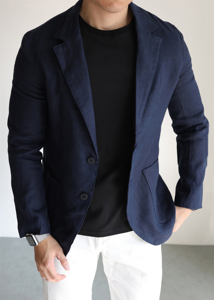 Navy Button Pockets Linen Coats Men Apparel Peter Pan Collar