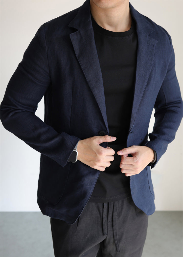 Navy Button Pockets Linen Coats Men Apparel Peter Pan Collar