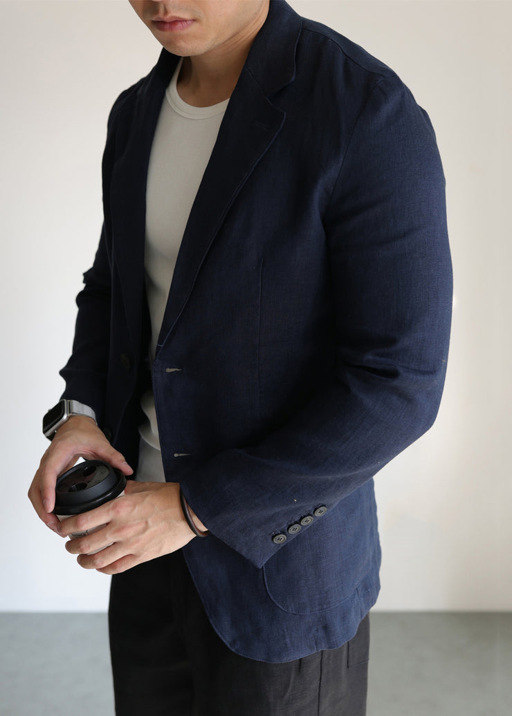 Navy Button Pockets Linen Coats Men Apparel Peter Pan Collar
