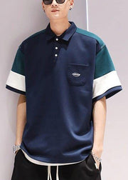Navy Button Pockets Patchwork Cotton Polo Shirts Men Summer