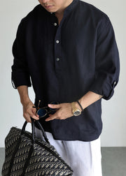 Navy Button Solid Loose Linen Shirts Mens Stand Collar