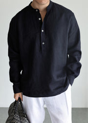 Navy Button Solid Loose Linen Shirts Mens Stand Collar