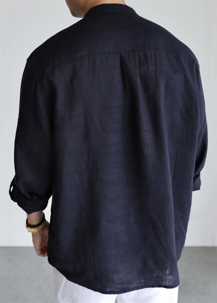 Navy Button Solid Loose Linen Shirts Mens Stand Collar