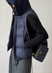 Navy Drawstring Solid Patchwork Duck Down Waistcoat Zippered Winter