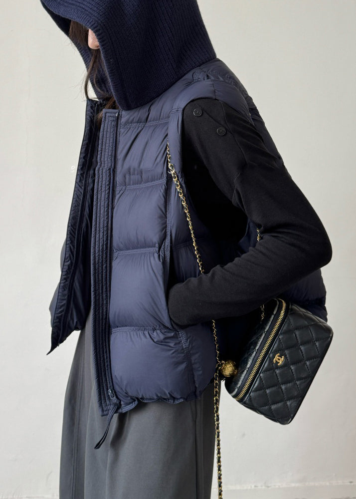 Navy Drawstring Solid Patchwork Duck Down Waistcoat Zippered Winter