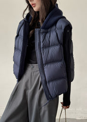 Navy Drawstring Solid Patchwork Duck Down Waistcoat Zippered Winter