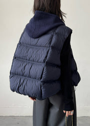 Navy Drawstring Solid Patchwork Duck Down Waistcoat Zippered Winter