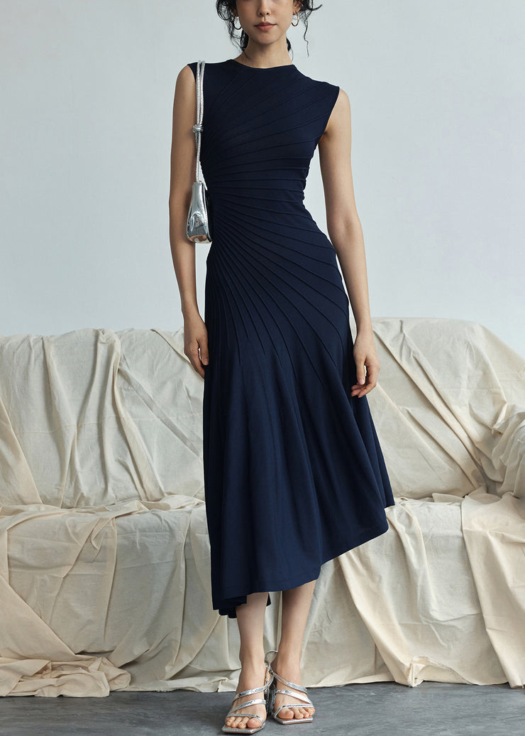Navy High Waist Solidn Cotton Long Dress O Neck Sleeveless