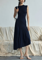 Navy High Waist Solidn Cotton Long Dress O Neck Sleeveless