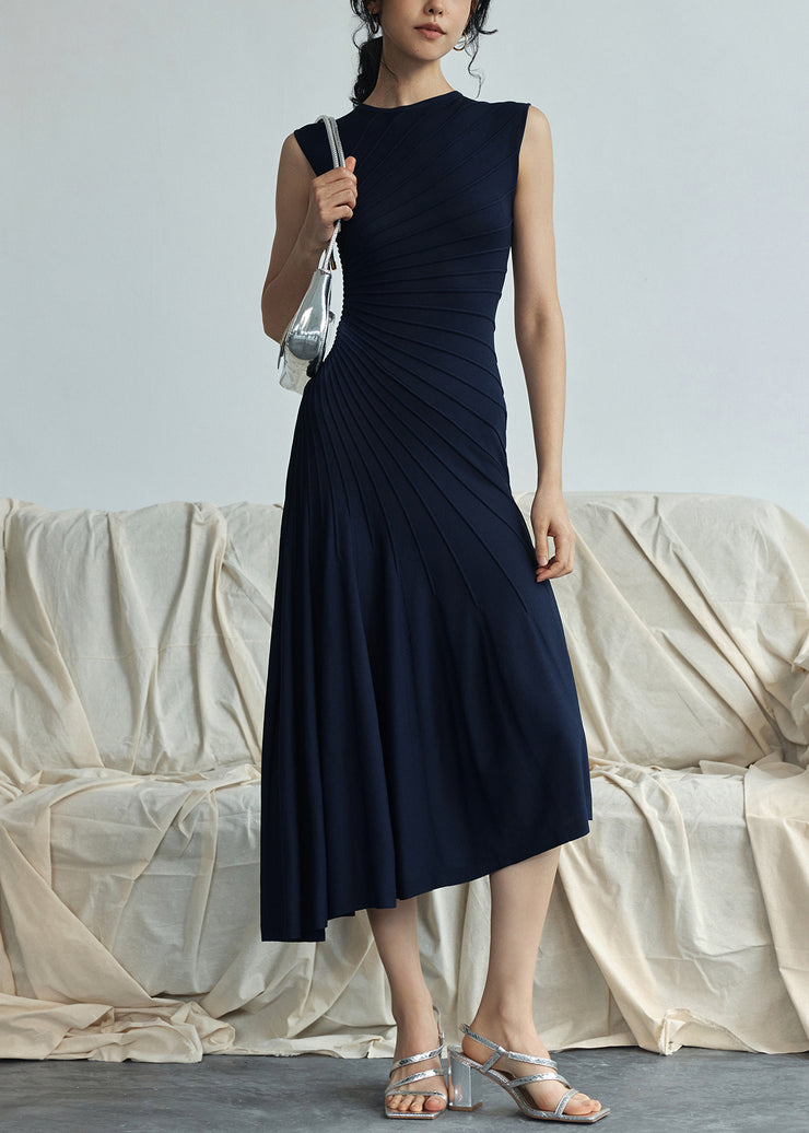 Navy High Waist Solidn Cotton Long Dress O Neck Sleeveless