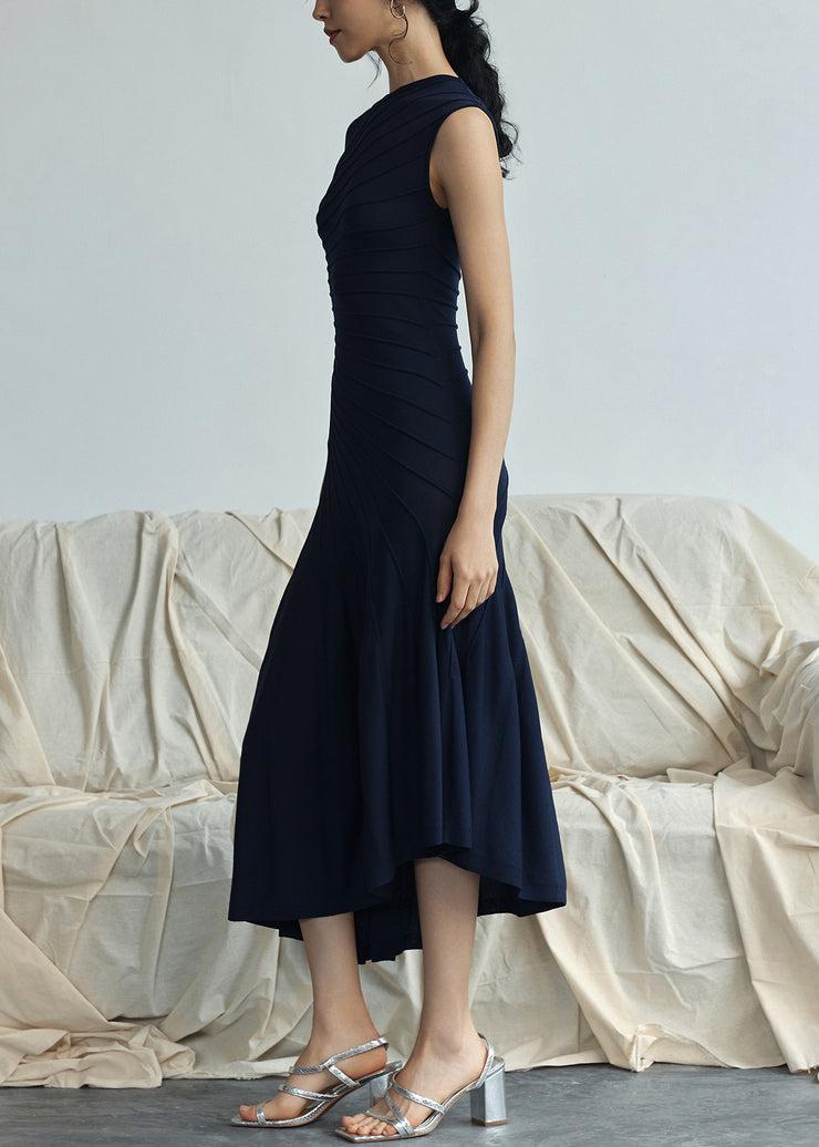 Navy High Waist Solidn Cotton Long Dress O Neck Sleeveless