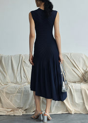 Navy High Waist Solidn Cotton Long Dress O Neck Sleeveless