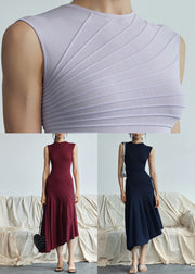 Navy High Waist Solidn Cotton Long Dress O Neck Sleeveless