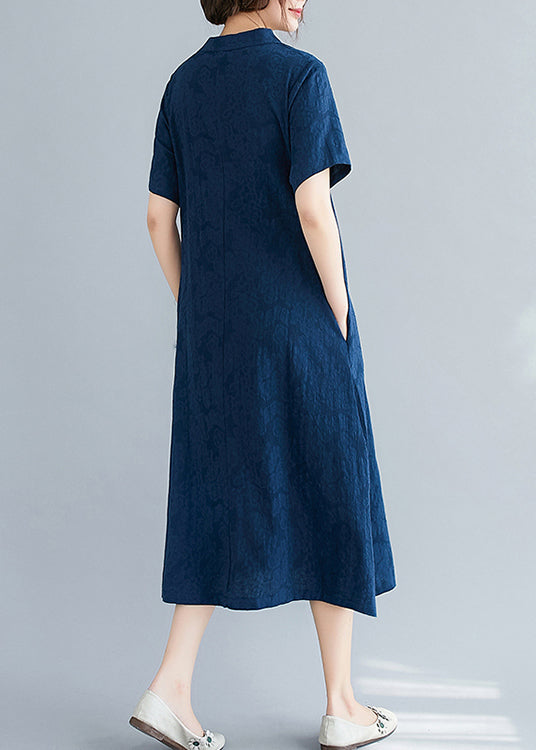 Navy Jacquard Linen Mid Dresses Embroidered Summer