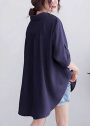 Navy Loose Cotton Tops Peter Pan Collar Summer